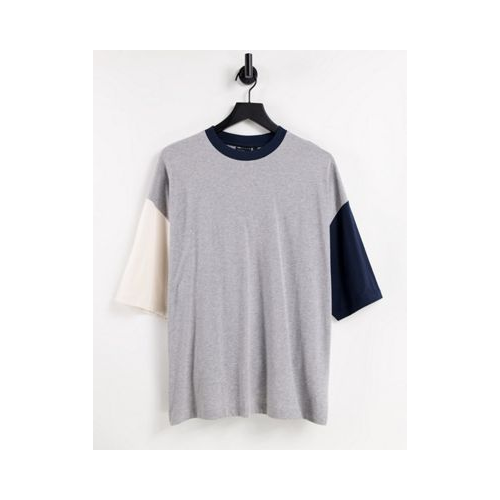 Oversized-футболка серого меланжевого, темно-синего и кремового цвета в стиле колор-блок ASOS DESIGN Разноцветный