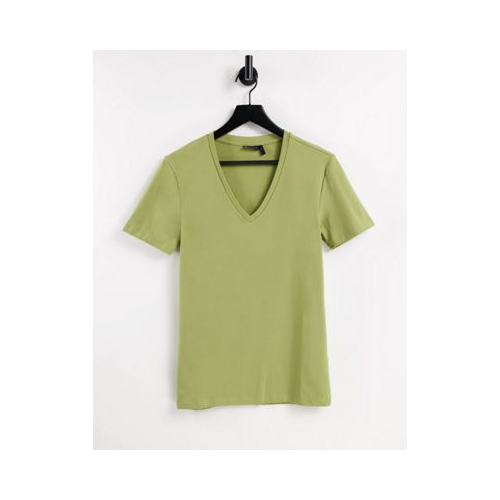 Облегающая футболка цвета хаки с глубоким V-образным вырезом ASOS DESIGN-Зеленый