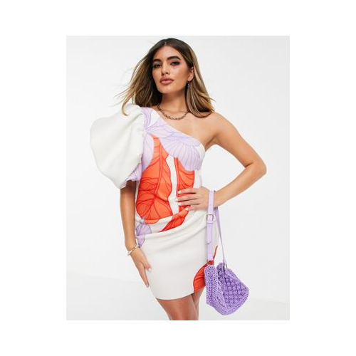 Облегающее платье мини с одним пышным рукавом и абстрактным цветочным принтом ASOS DESIGN Разноцветный