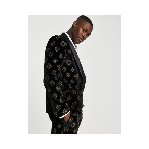 Облегающий черный пиджак с фольгированным золотистым принтом звезд Twisted Tailor Westgate-Черный цвет