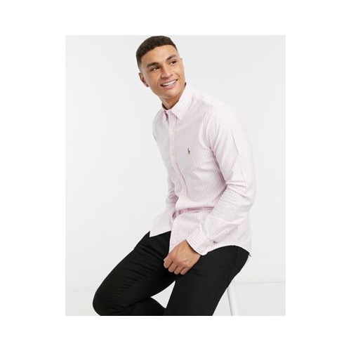 Оксфордская полосатая рубашка узкого кроя бело-розового цвета с логотипом Polo Ralph Lauren