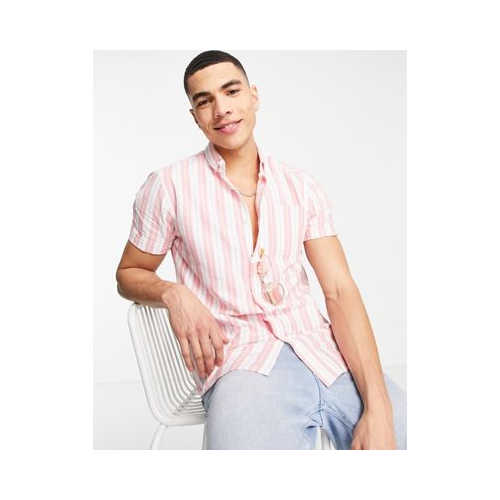 Оксфордская рубашка в полоску белого и розового цвета с короткими рукавами New Look