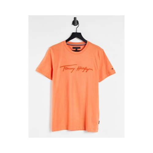 Оранжевая однотонная футболка с логотипом в виде подписи Tommy Hilfiger-Оранжевый цвет
