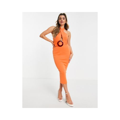Оранжевое платье-футляр миди с перекрестным дизайном спереди, завязкой на шее и кольцом ASOS DESIGN-Оранжевый цвет