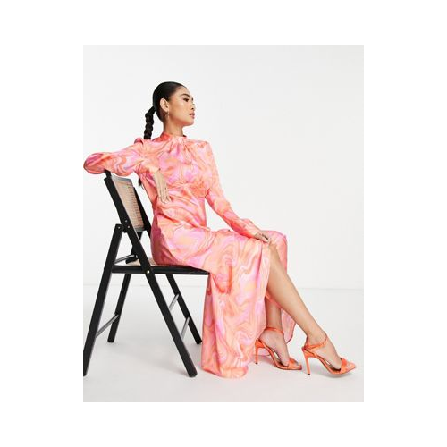 Атласное чайное платье макси с высоким воротником и волнистым принтом ASOS DESIGN Разноцветный