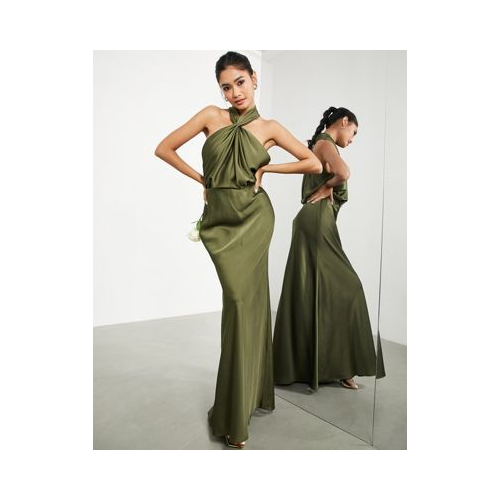 Атласное платье макси оливкового цвета со сборками и бретелью через шею ASOS EDITION-Зеленый