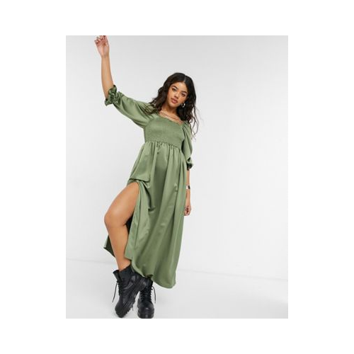 Атласное платье макси цвета хаки со сборками ASOS DESIGN-Зеленый