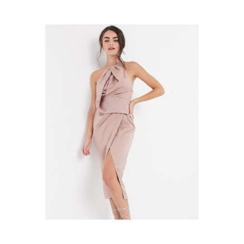 Атласное платье миди с бретелью через шею и драпировкой ASOS DESIGN-Розовый цвет