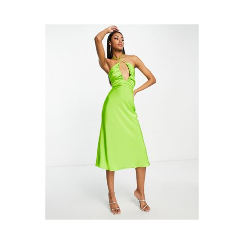 Атласное платье миди зеленого цвета с бретелькой через шею, перекрестной отделкой спереди и завязкой на спине ASOS DESIGN-Зеленый