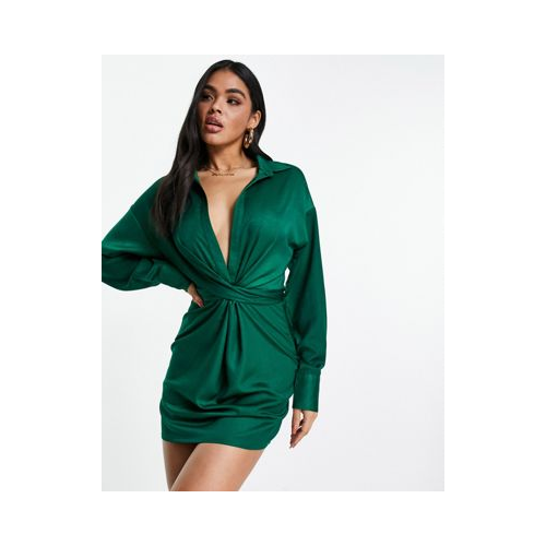 Атласное платье изумрудно-зеленого цвета с узлом спереди In The Style x Syd & El Голубой