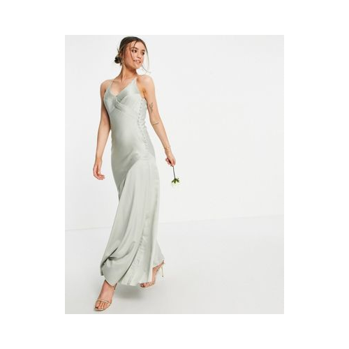 Атласное платье-комбинация макси с пуговицами по бокам ASOS DESIGN Bridesmaid-Зеленый цвет