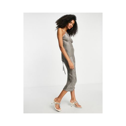 Атласное плиссированное платье миди с высоким воротником ASOS DESIGN Серый