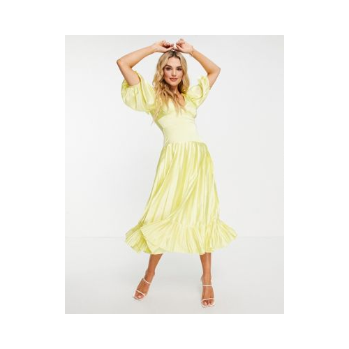 Атласное плиссированное платье миди желтого цвета с глубоким вырезом ASOS DESIGN
