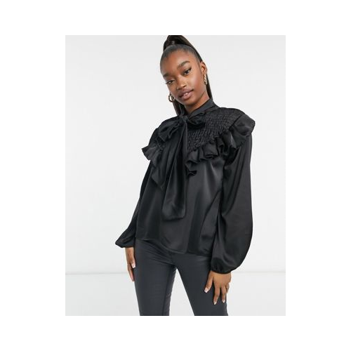Атласная рубашка черного цвета с оборками и завязкой на воротнике Femme Luxe-Черный