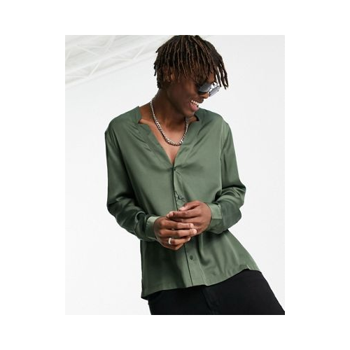 Атласная рубашка классического кроя с разрезами на горловине ASOS DESIGN-Зеленый цвет