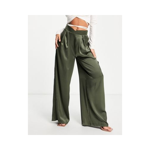 Атласные брюки оливкового цвета с широкими штанинами и завышенной талией First Distraction The Label-Зеленый