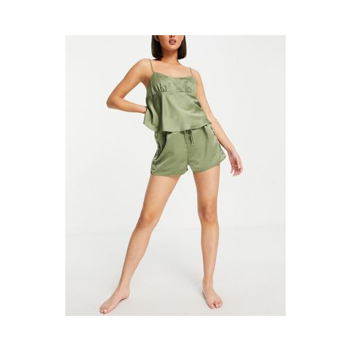 Атласные пижамные шорты оливкового цвета с отделкой кантом со звериным принтом ASOS DESIGN – Выбирай и Комбинируй-Зеленый