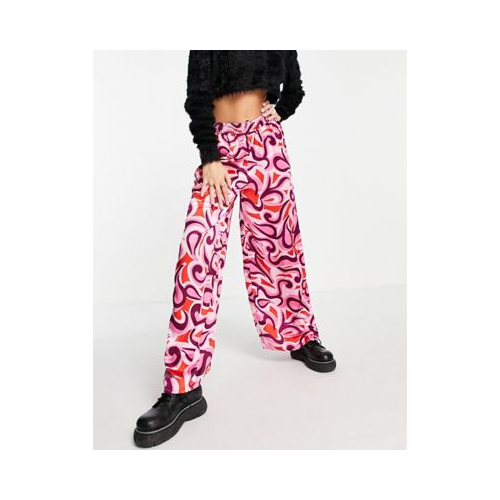 Атласные розовые брюки с широкими штанинами и принтом завитков Violet Romance Разноцветный