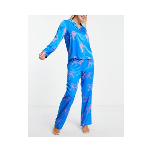 Атласный пижамный комплект кобальтово-синего цвета с принтом львов из рубашки с отложным воротником и длинных брюк Chelsea Peers Голубой