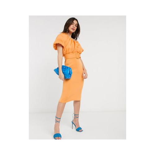 Абрикосовое платье миди на одно плечо с поясом ASOS DESIGN-Оранжевый цвет