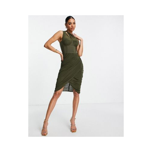 Ассиметричное сетчатое платье цвета хаки с корсетом и драпировкой Rare London-Зеленый