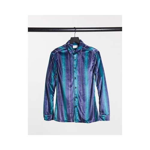 Бархатная эластичная приталенная рубашка в полоску ASOS DESIGN Темно-синий