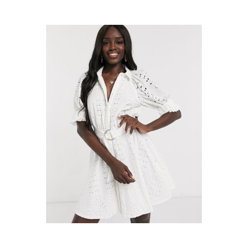 Белое платье-рубашка мини с объемными рукавами и вышивкой ришелье ASOS DESIGN