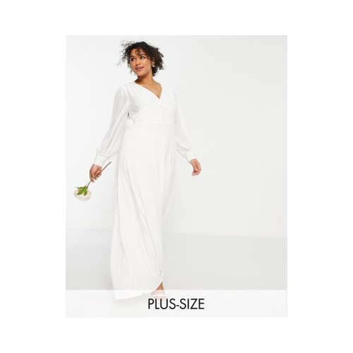 Белое свадебное платье макси с обтянутыми тканью пуговицами Vila Curve