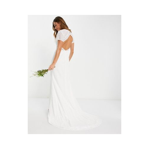 Белое свадебное платье с закрытым лифом, вырезом и шлейфом Y.A.S