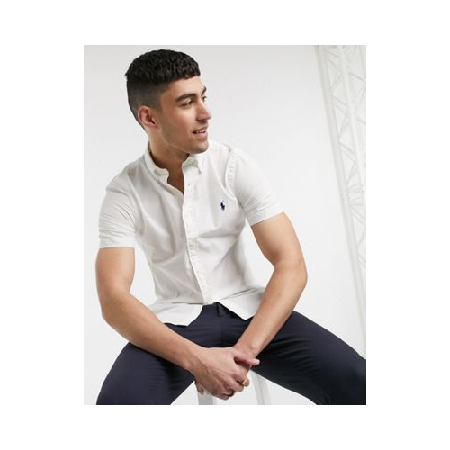 Белая приталенная рубашка на пуговицах из ткани сирсакер с короткими рукавами и логотипом Polo Ralph Lauren