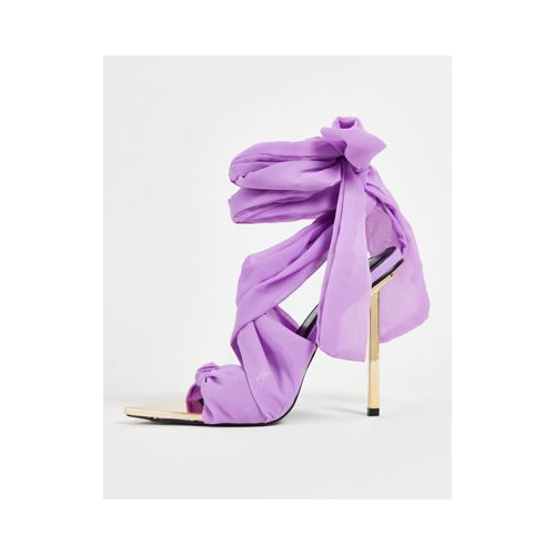 Босоножки с лентами-завязками сиреневого цвета на золотистом каблуке-шпильке Public Desire Huni-Фиолетовый