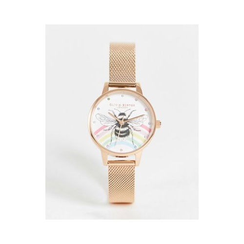 Часы цвета розового золота с сетчатым ремешком, пчелой и радугой на циферблате Olivia Burton
