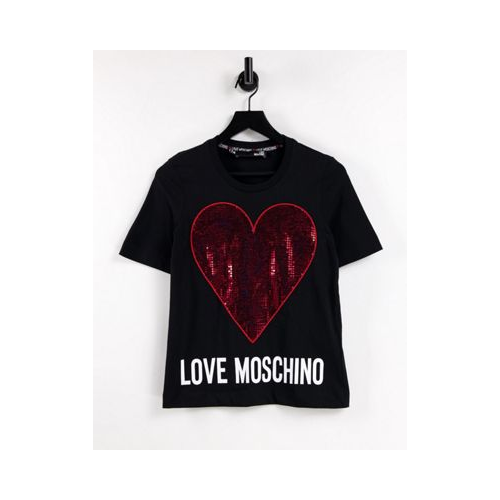 Черная футболка с логотипом и красным сердцем из пайеток Love Moschino-Черный цвет