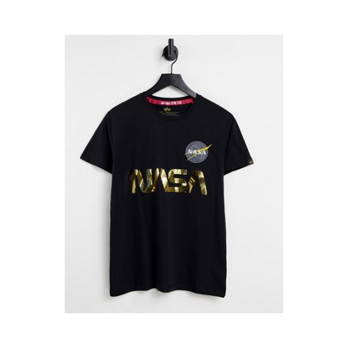 Черная футболка со светоотражающим золотистым принтом "NASA" Alpha Industries