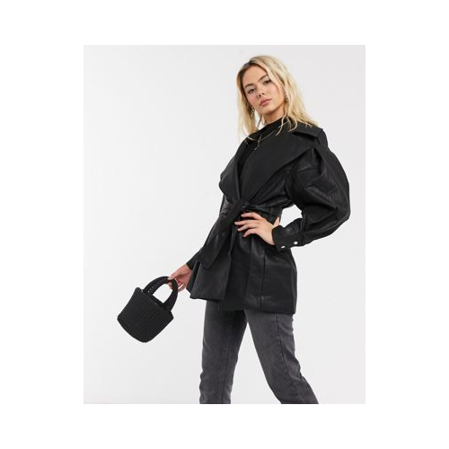 Черная куртка из искусственной кожи с объемными рукавами и поясом ASOS DESIGN-Черный цвет