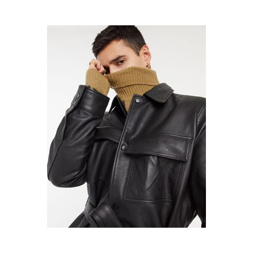 Черная кожаная куртка-рубашка в стиле oversized с поясом ASOS DESIGN