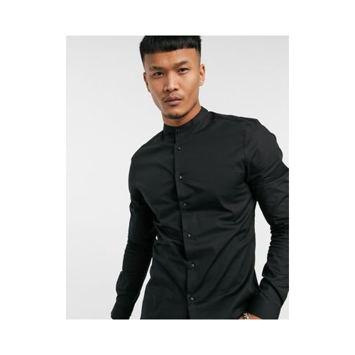 Черная рубашка облегающего кроя с воротником на пуговице ASOS DESIGN-Черный цвет
