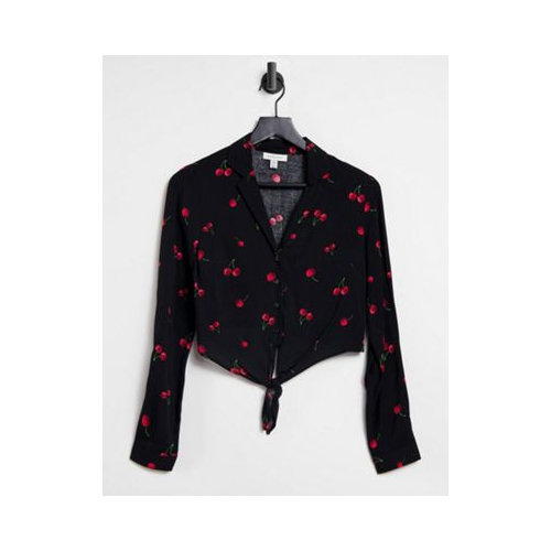 Черная укороченная рубашка с принтом вишни и завязкой спереди Topshop Многоцветный