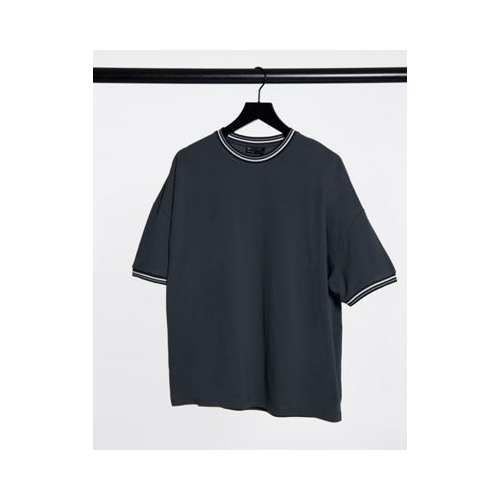 Черная выбеленная футболка из ткани пике в стиле oversized с окантовкой ASOS DESIGN