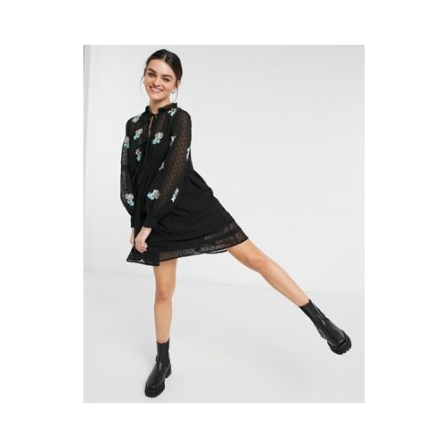 Черное свободное платье мини с вышивкой и защипами ASOS DESIGN-Черный цвет