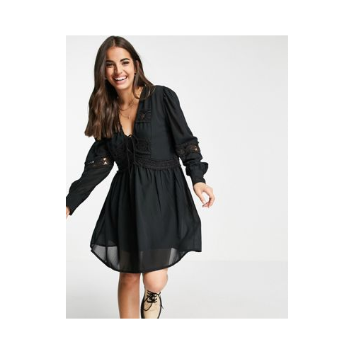 Черное свободное платье мини с кружевными вставками ASOS DESIGN-Черный цвет