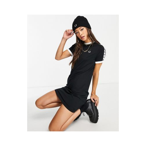 Черное платье-футболка с короткими рукавами и лентами с логотипом Fred Perry-Черный цвет