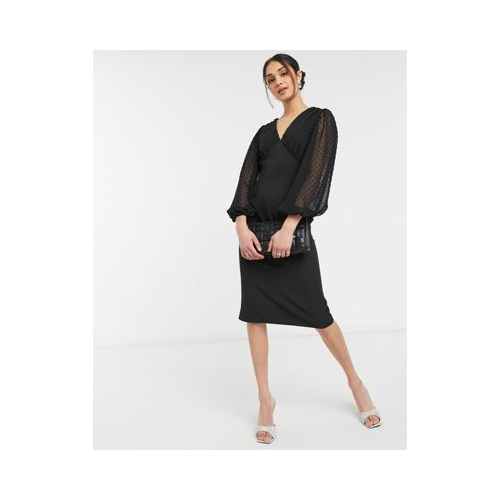 Черное платье-футляр миди с V-образным вырезом и рукавами из ткани добби ASOS DESIGN-Черный цвет