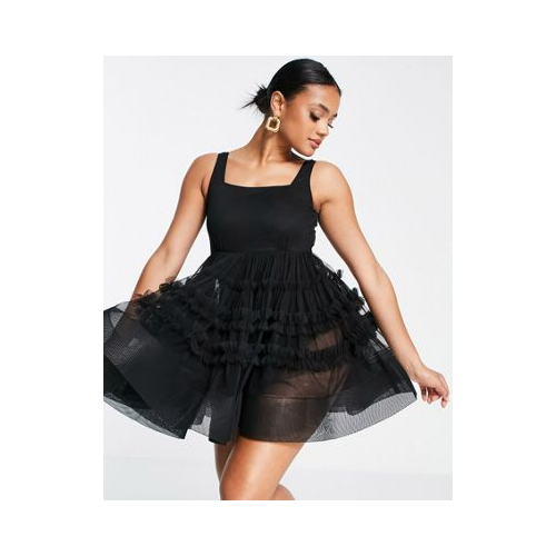 Черное платье мини из тюля с квадратным вырезом Lace & Beads-Черный цвет