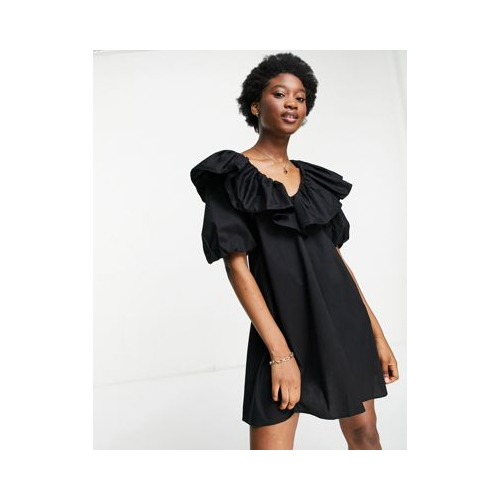 Черное платье с присборенной юбкой и рюшами Miss Selfridge-Черный цвет