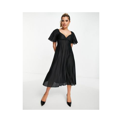 Черное плиссированное платье миди с короткими рукавами и перекрученной отделкой на спине ASOS DESIGN-Черный цвет