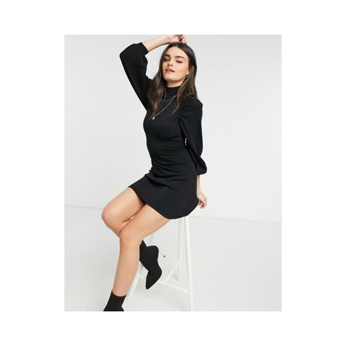 Черное трикотажное приталенное платье со свободной юбкой и сборками на рукавах ASOS DESIGN-Черный цвет