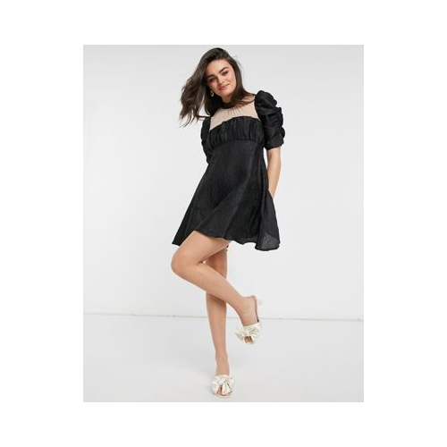 Черное жаккардовое платье мини в стиле бэби-долл с полупрозрачной кокеткой ASOS DESIGN
