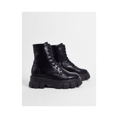 Черные ботинки из искусственной кожи на очень массивной подошве и шнуровке Truffle Collection-Черный цвет