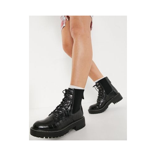 Черные ботинки с эффектом крокодиловой кожи на плоской массивной подошве и со шнуровкой New Look-Черный цвет